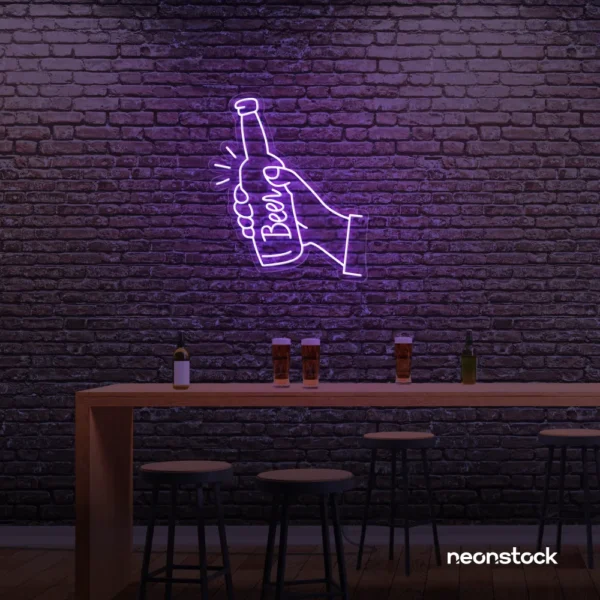 Beer bottle neon sign in purple for bar or man cave wall decor.