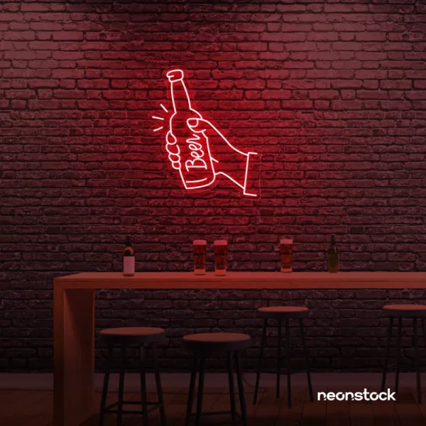 Beer bottle neon sign in red for bar or man cave wall decor.