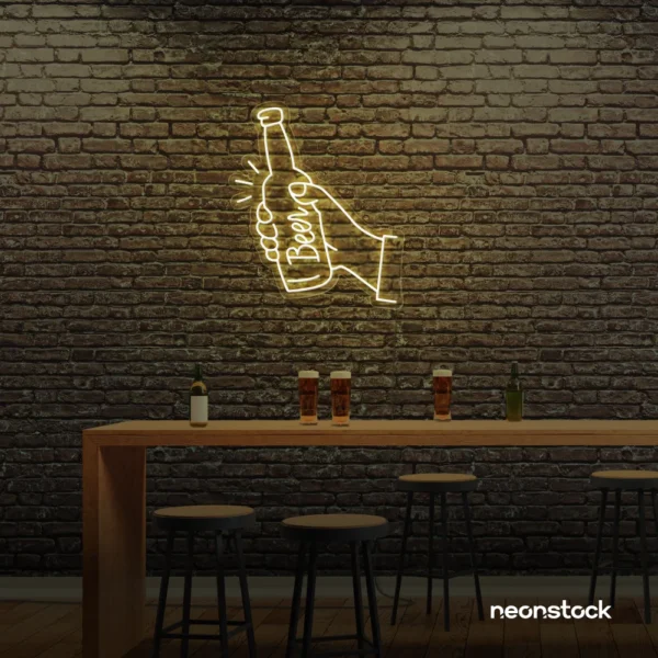 Beer bottle neon sign in warm white for bar or man cave wall decor.