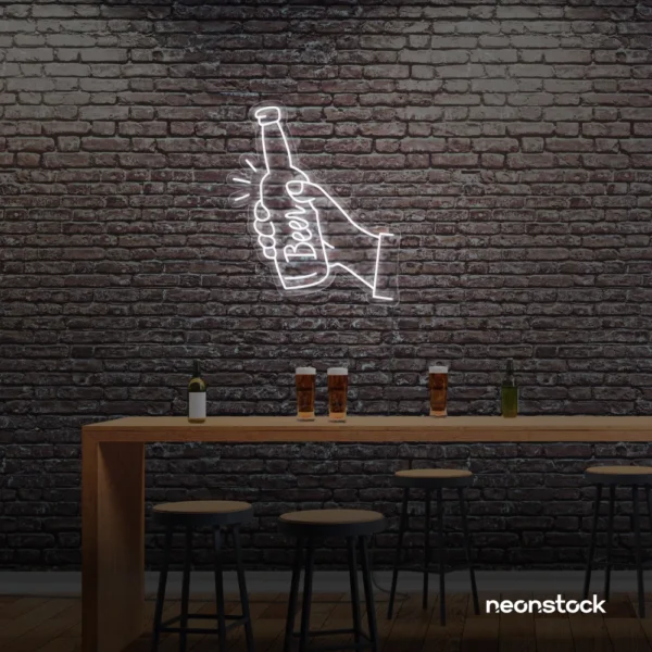 Beer bottle neon sign in white for bar or man cave wall decor.