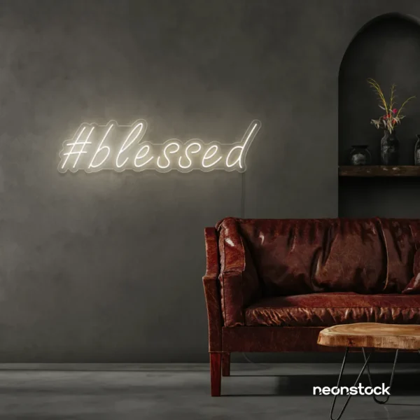 Blessed neon sign in neutral white for spiritual decor, homes, and motivational spaces.