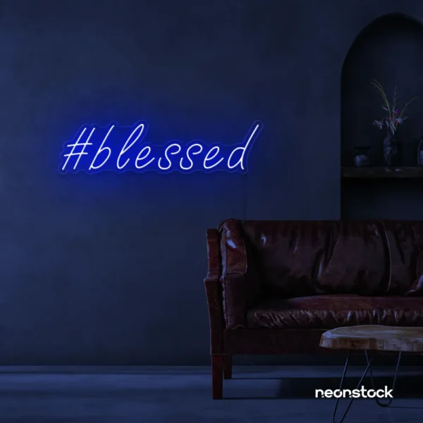 Blessed neon sign in dark blue for spiritual decor, homes, and motivational spaces.