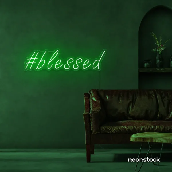 Blessed neon sign in deep green for spiritual decor, homes, and motivational spaces.
