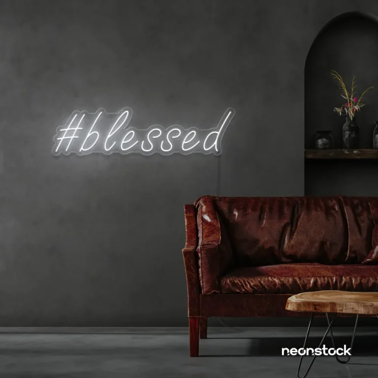 Blessed neon sign in white for spiritual decor, homes, and motivational spaces.