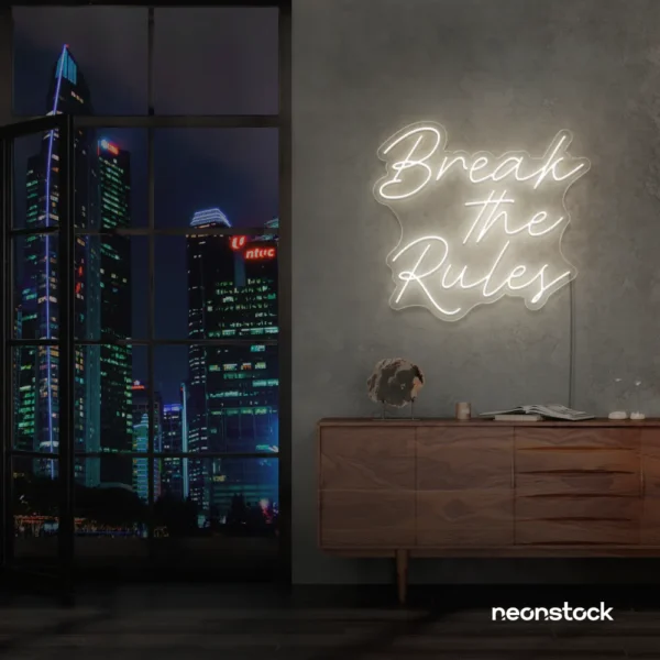 Break the Rules neon sign in neutral white for rebellious decor, creative studios, and bold interiors.