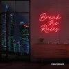 Break the Rules neon sign in red for rebellious decor, creative studios, and bold interiors.