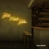 But First Boba neon sign in golden yellow for bubble tea shops, cafés, and playful food decor.