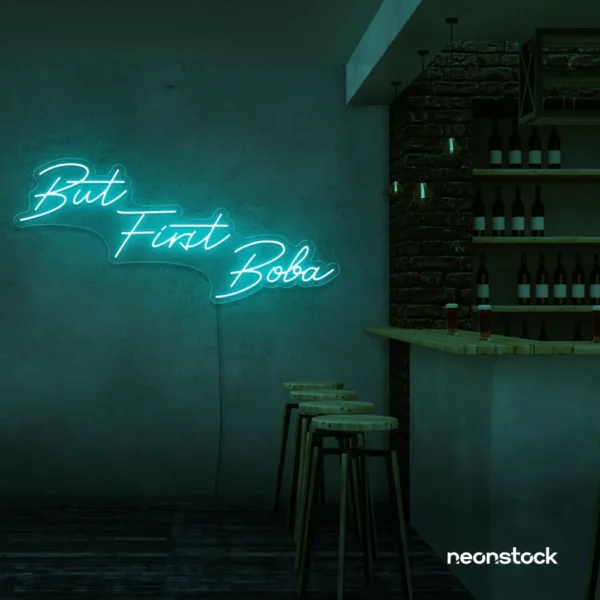 But First Boba neon sign in mint green for bubble tea shops, cafés, and playful food decor.