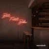 But First Boba neon sign in peachy pink for bubble tea shops, cafés, and playful food decor.