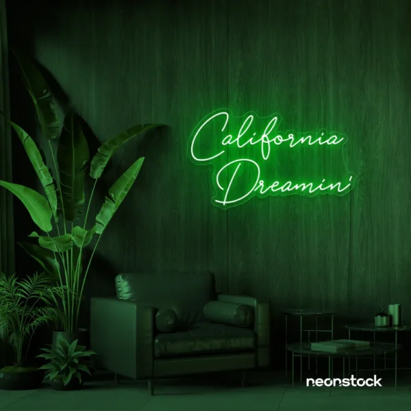 California Dreamin' neon sign in deep green for beachy decor, cozy interiors, and travel-inspired rooms.
