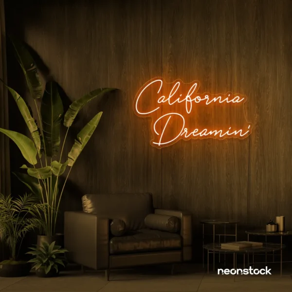 California Dreamin' neon sign in orange for beachy decor, cozy interiors, and travel-inspired rooms.