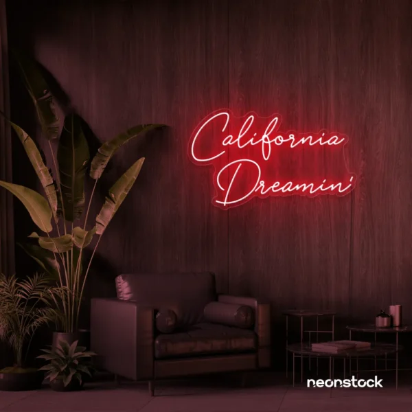 California Dreamin' neon sign in red for beachy decor, cozy interiors, and travel-inspired rooms.