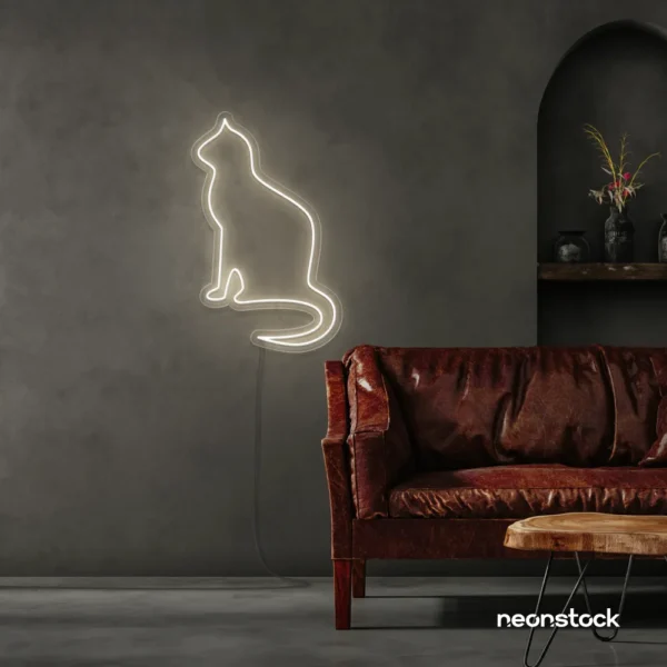 Cat neon sign in neutral white for pet lovers, bedroom wall decor, and cozy spaces.