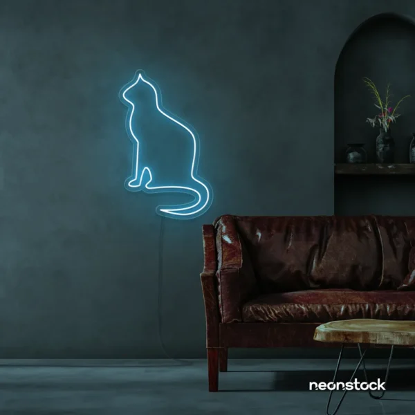 Cat neon sign in ice blue for pet lovers, bedroom wall decor, and cozy spaces.