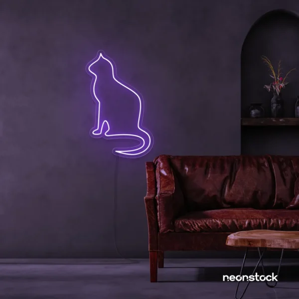 Cat neon sign in purple for pet lovers, bedroom wall decor, and cozy spaces.