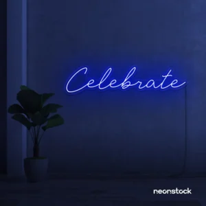 Celebrate neon sign in dark blue for parties, events, and festive wall decor.