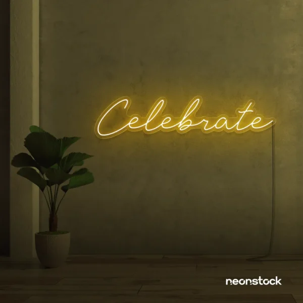 Celebrate neon sign in golden yellow for parties, events, and festive wall decor.