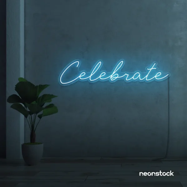 Celebrate neon sign in ice blue for parties, events, and festive wall decor.