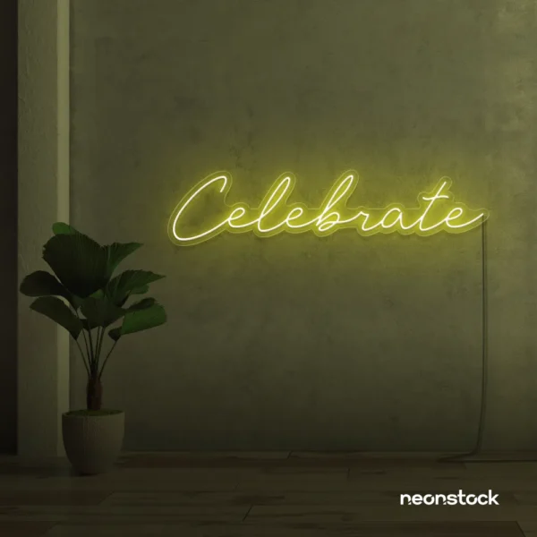 Celebrate neon sign in lemon yellow for parties, events, and festive wall decor.
