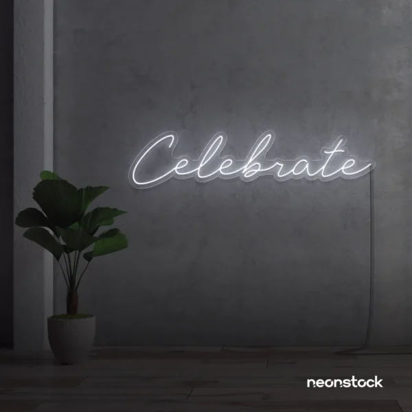 Celebrate neon sign in white for parties, events, and festive wall decor.