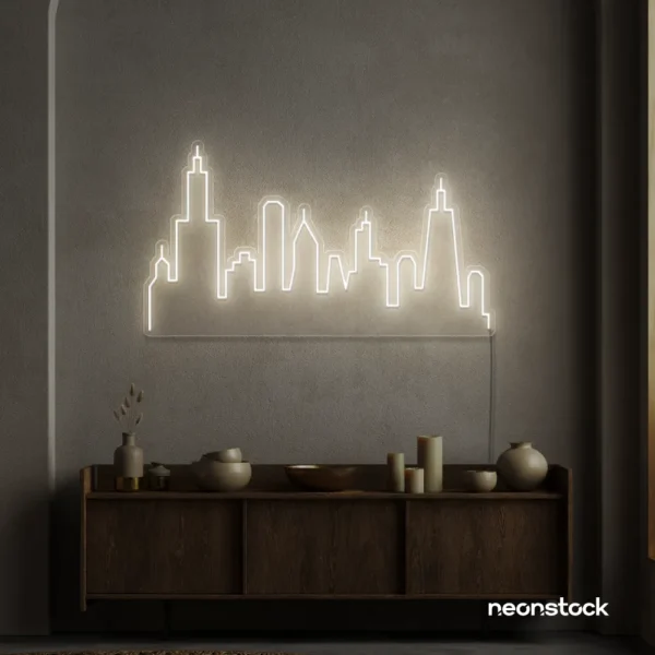 Skyline neon sign in neutral white color