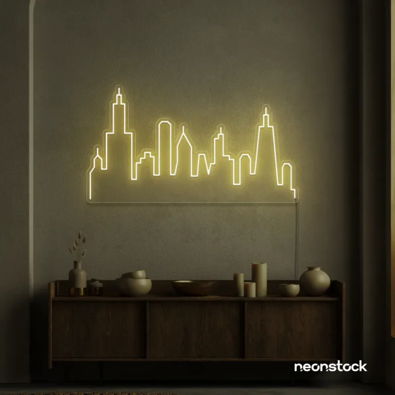 Skyline neon sign in warm white color