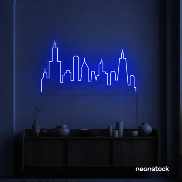 Skyline neon sign in dark blue color