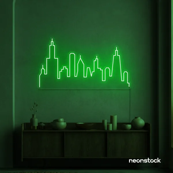 Skyline neon sign in deep green color