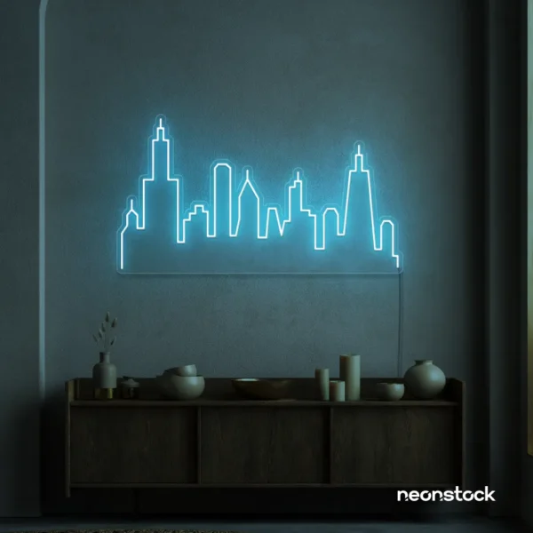 Skyline neon sign in ice blue color