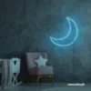 Moon neon sign in ice blue for kids' rooms, nurseries, and celestial-themed home decor.