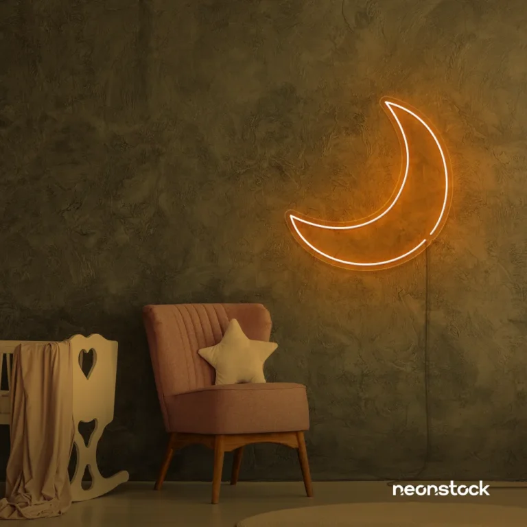 Moon neon sign in orange for kids' rooms, nurseries, and celestial-themed home decor.