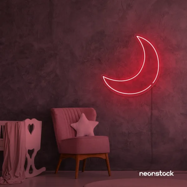 Moon neon sign in red for kids' rooms, nurseries, and celestial-themed home decor.