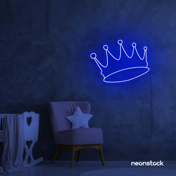 Crown neon sign in dark blue for kids' rooms, princess themes, and royal wall decor.