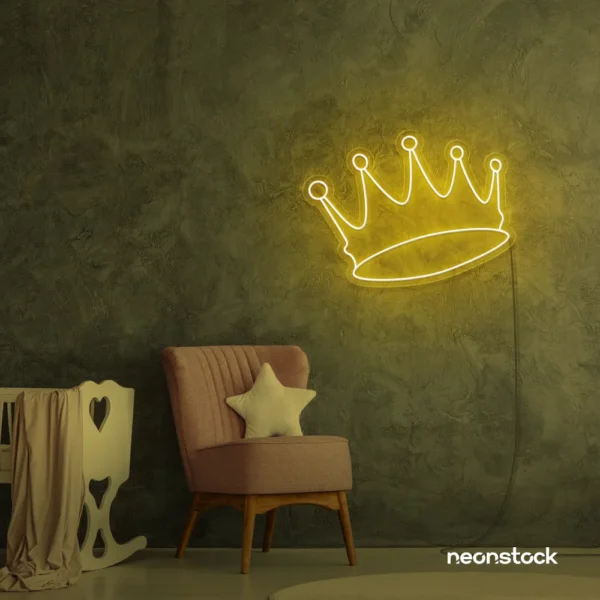 Crown neon sign in golden yellow for kids' rooms, princess themes, and royal wall decor.