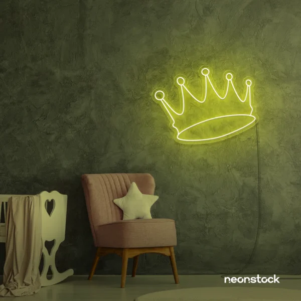 Crown neon sign in lemon yellow for kids' rooms, princess themes, and royal wall decor.