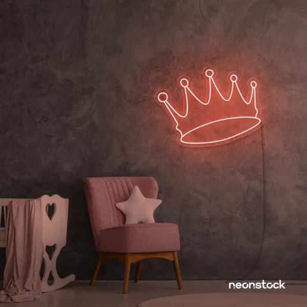 Crown neon sign in peachy pink for kids' rooms, princess themes, and royal wall decor.