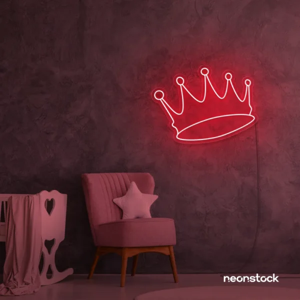 Crown neon sign in red for kids' rooms, princess themes, and royal wall decor.