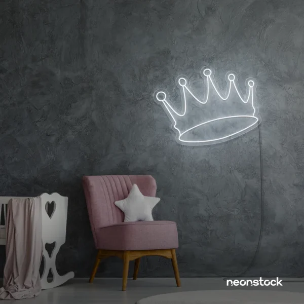Crown neon sign in white for kids' rooms, princess themes, and royal wall decor.