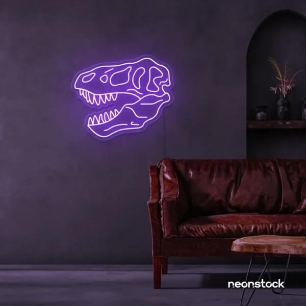 Dinosaur skull neon sign in purple for prehistoric wall art and edgy decor.