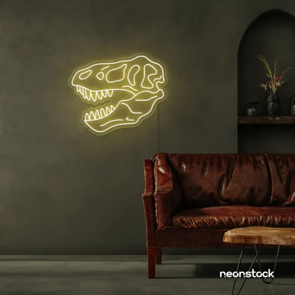 Dinosaur skull neon sign in warm white for prehistoric wall art and edgy decor.