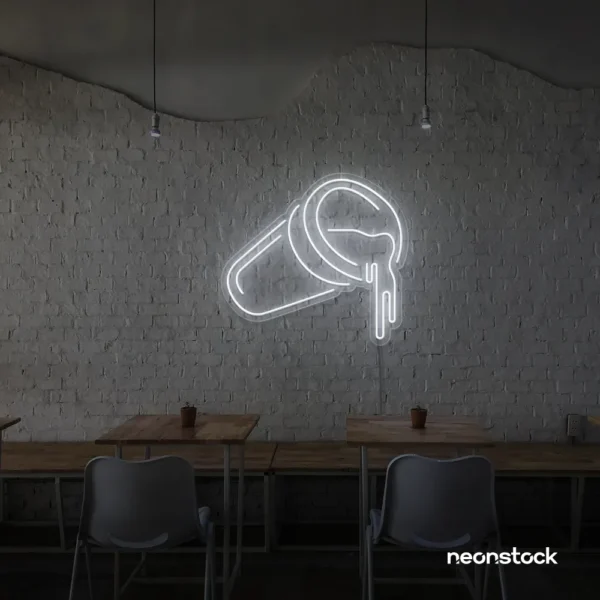 Spilling drink cup neon sign in white for coffee shops, juice bars, and beverage-themed decor.