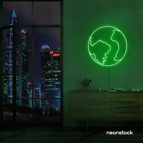 Earth neon sign in deep green – glowing LED planet decor for nature lovers and science fans.
