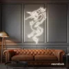 Dragon neon sign in neutral white – bold LED mythical creature light for man caves and gaming rooms.