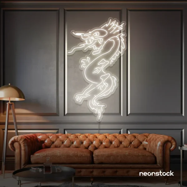 Dragon neon sign in neutral white – bold LED mythical creature light for man caves and gaming rooms.