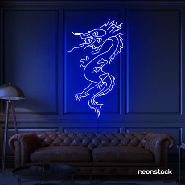 Dragon neon sign in dark blue – bold LED mythical creature light for man caves and gaming rooms.
