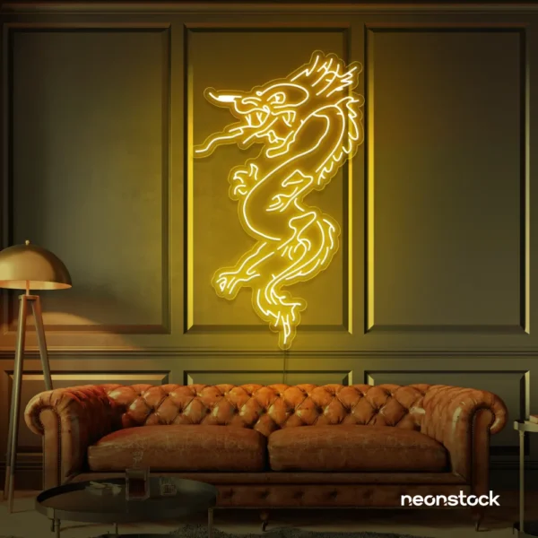 Dragon neon sign in golden yellow – bold LED mythical creature light for man caves and gaming rooms.