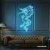 Dragon neon sign in ice blue – bold LED mythical creature light for man caves and gaming rooms.