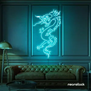 Dragon neon sign in mint green – bold LED mythical creature light for man caves and gaming rooms.