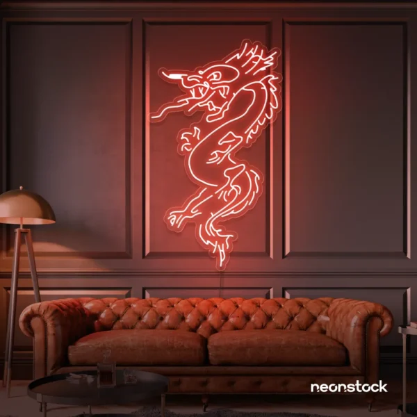 Dragon neon sign in peachy pink – bold LED mythical creature light for man caves and gaming rooms.
