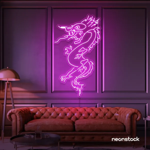 Dragon neon sign in pink – bold LED mythical creature light for man caves and gaming rooms.